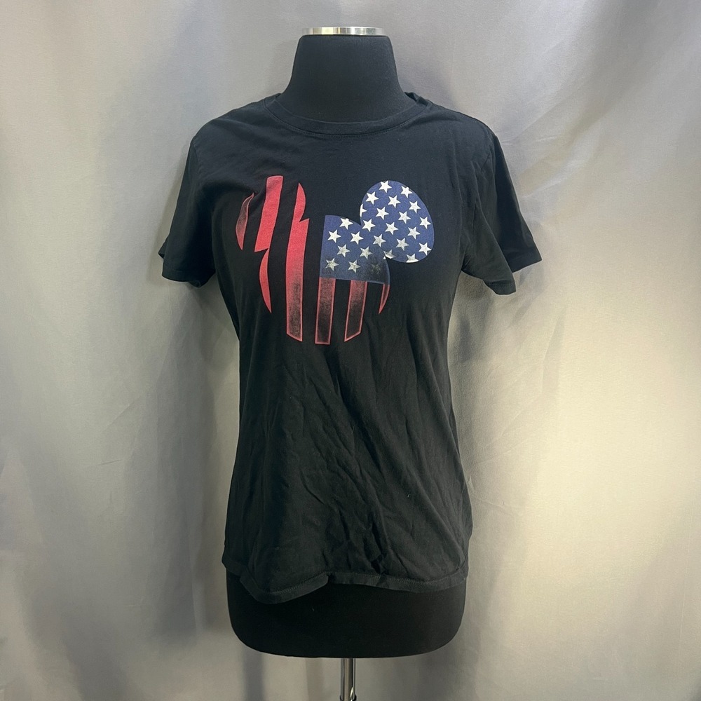 Disney T Shirt Womens Small Black‎ Mickey Mouse American Flag Graphic Logo Print
